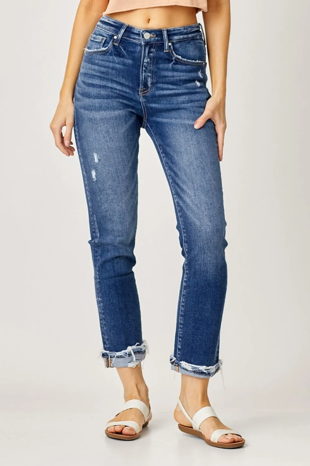 Elevate Your Denim: Risen High-Rise Frayed Cuffed Straight Jeans