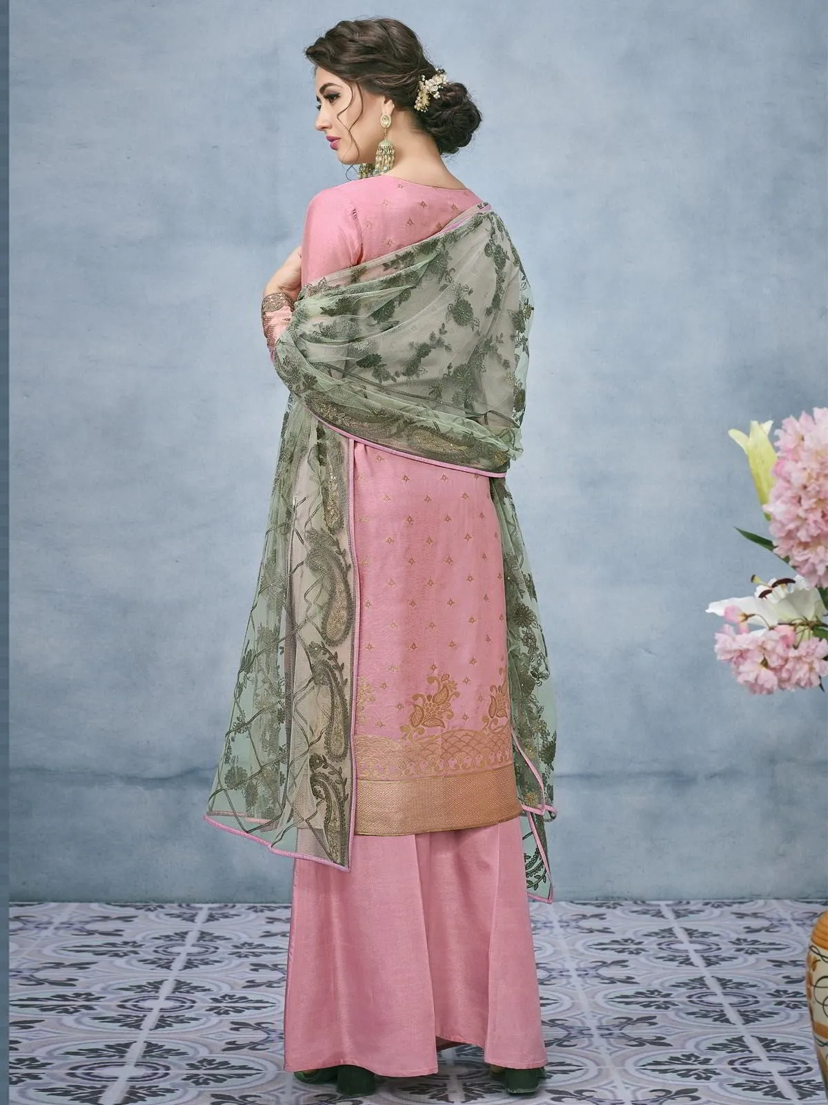 Pink And Green Lucknowi Embroidered Ethnic Palazzo Suit